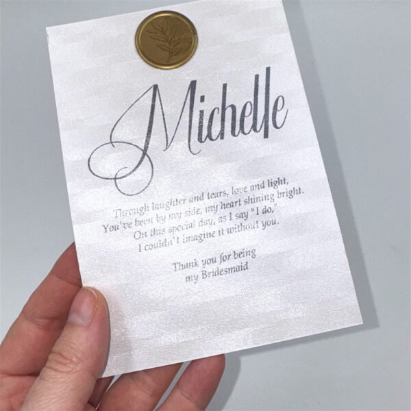 White Shimmer Bridesmaid Proposal Card with Wax Seal - Image 4